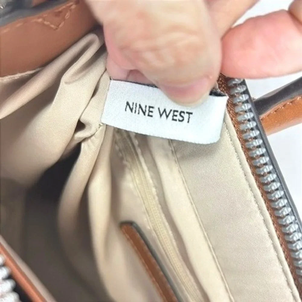 Nine West Monogram Satchel Bag Tan Brown Logo Print Crossbody Handbag